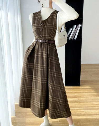 Coffee Plaid Midi Pinafore Dress