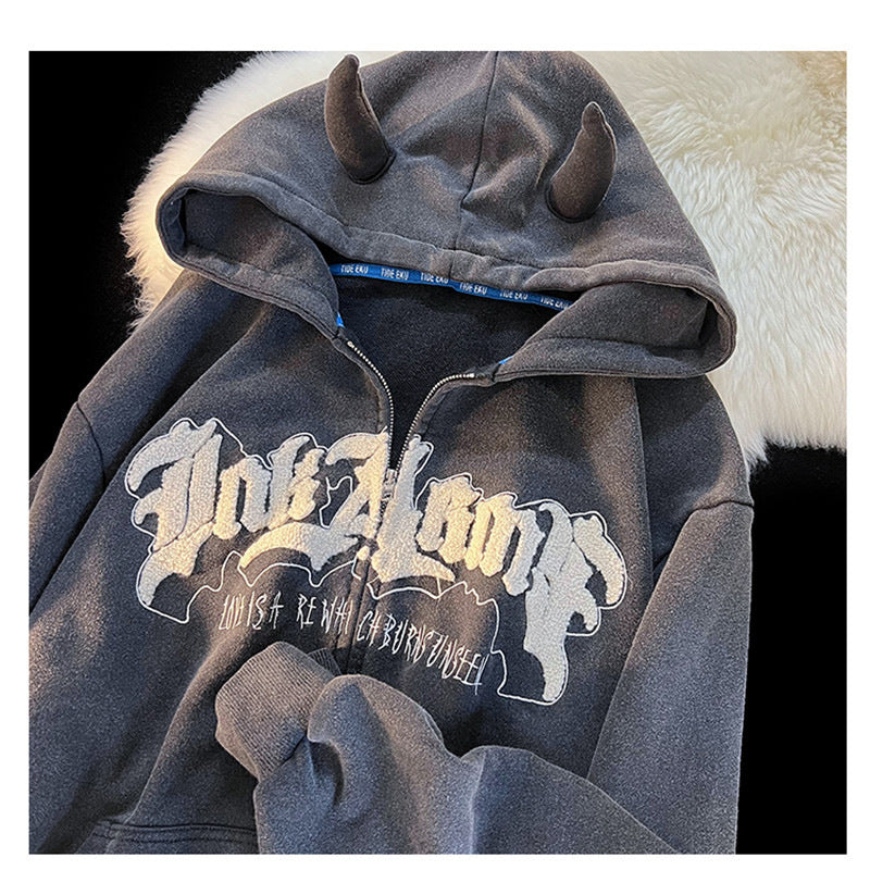 Horn Detail Fleece Lined Zip-Up Hoodie