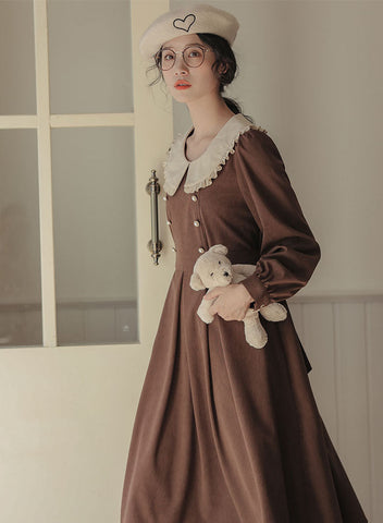 Corduroy Suede Peter Pan Midi Dress