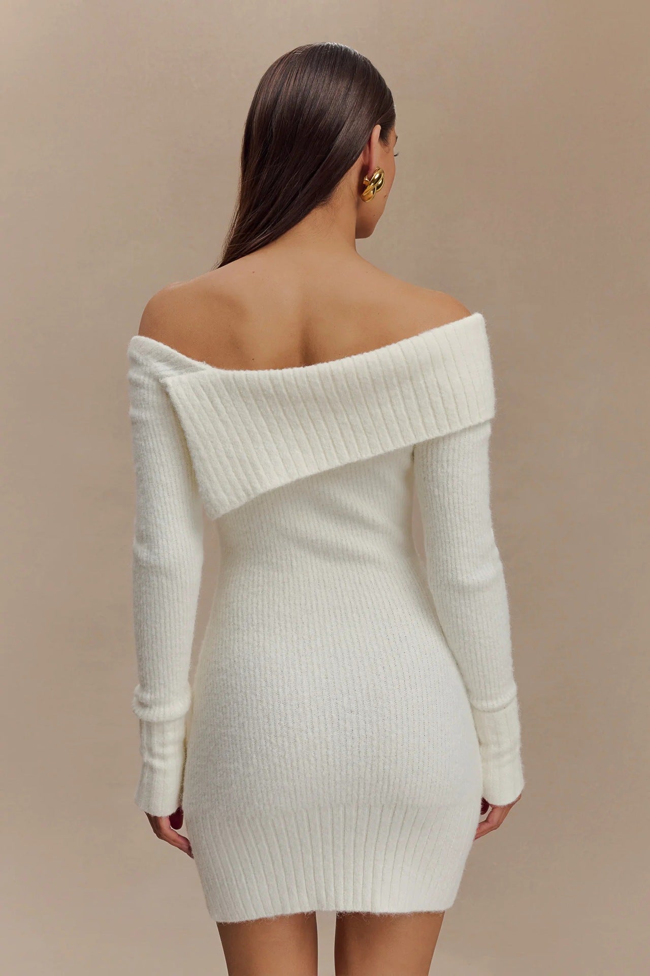 White Collar Long Sleeve Sweater Mini Dress