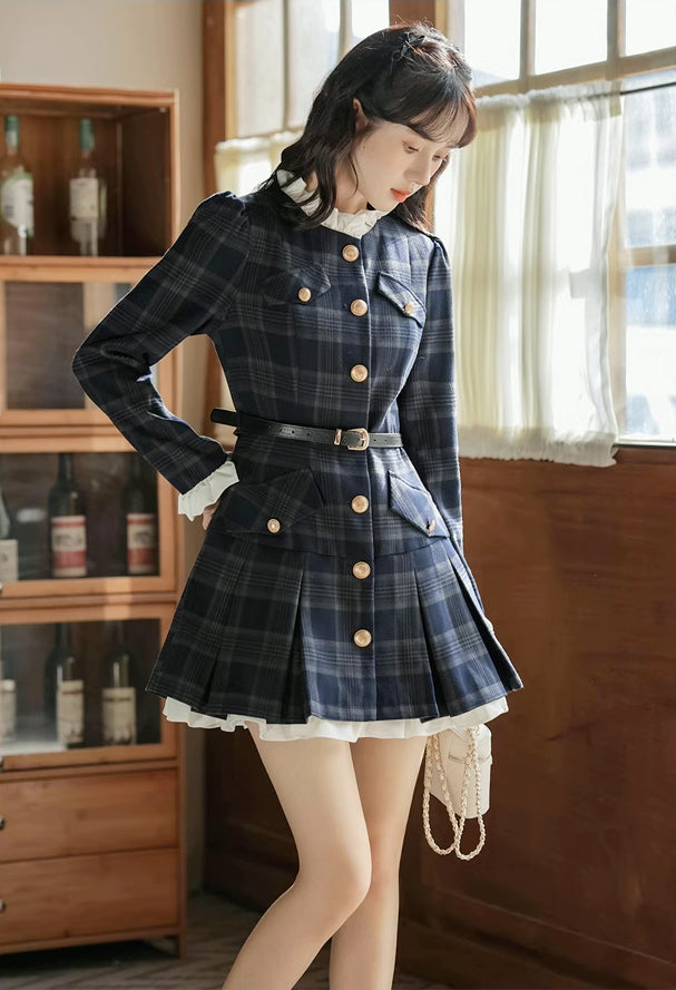 Academia Plaid Button Mini Dress