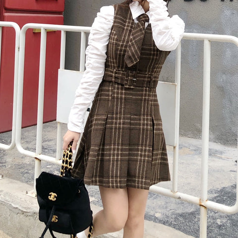 Coffee Plaid Pinafore Dress / Blouse