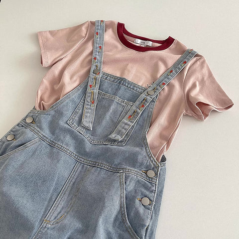 Rosy Days Embroidered Short Overalls