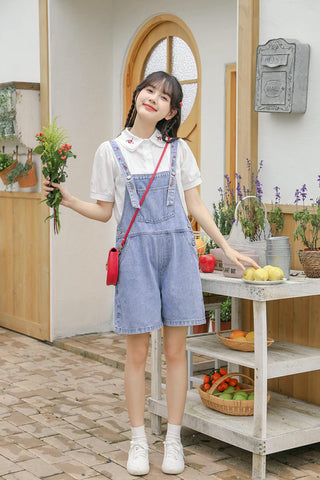 Rosy Days Embroidered Short Overalls
