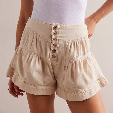 Ruffle Denim Shorts Casual Elastic Pocket Shorts