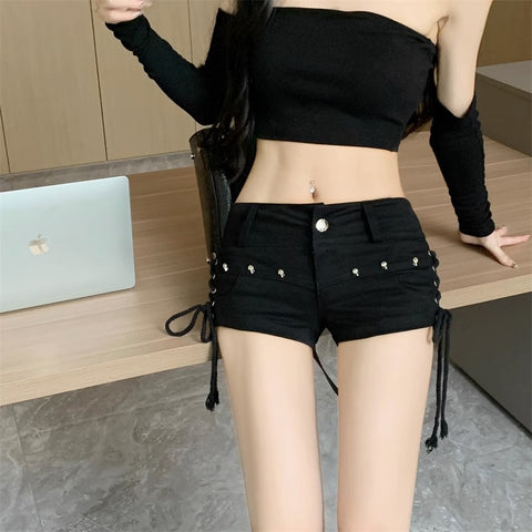 Velcro Belt Stretch Denim Shorts