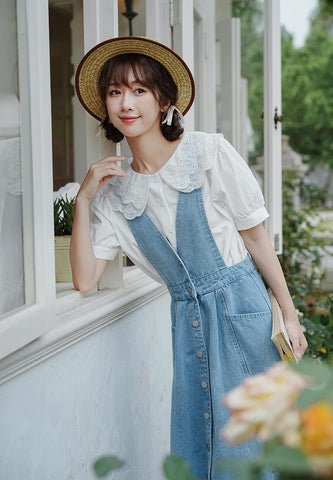 Button Denim Midi Pinafore Dress