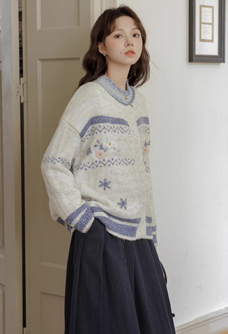 Embroidered Floral Fair Isle Cardigan