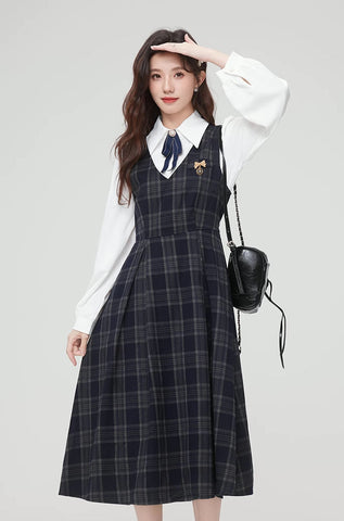 Oxford Plaid Midi Pinafore & Blouse Set
