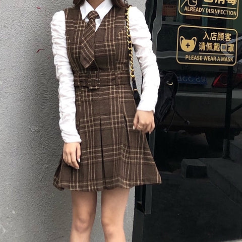Coffee Plaid Pinafore Dress / Blouse