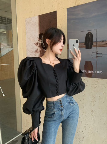 Puff Sleeve Sweetheart Button Up Blouse