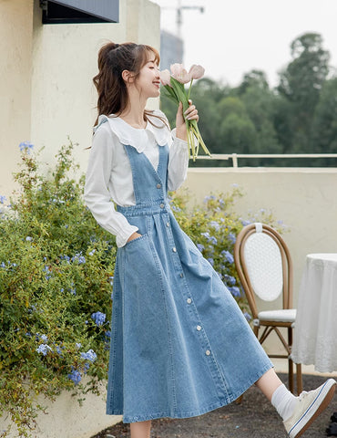 Button Denim Midi Pinafore Dress