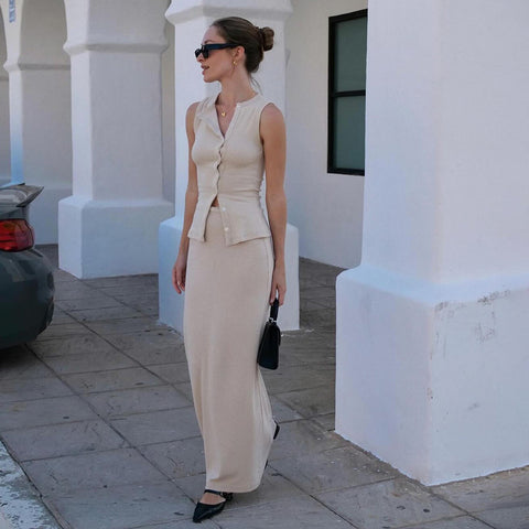 Knitted Solid Color Sleeveless Vest Two Piece Set