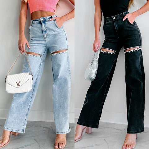 Versatile Studded Ripped Straight-Leg Wide-Leg Jeans
