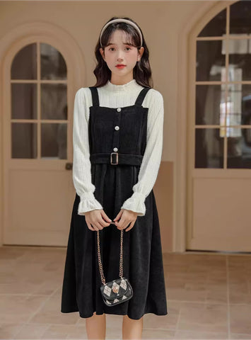 Corduroy Knit Belted Twofer Midi Dress