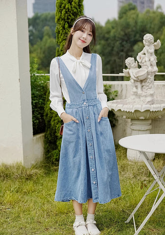 Button Denim Midi Pinafore Dress