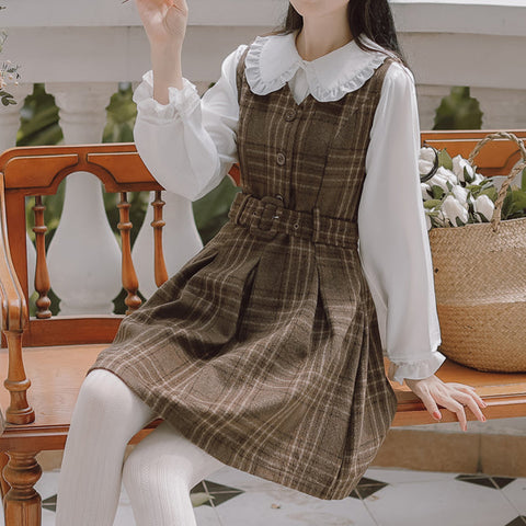 Coffee Plaid Pinafore Dress / Blouse