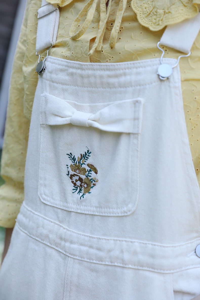 Bow Floral Embroidered Overalls