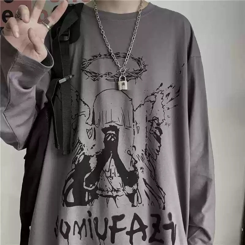 Camiseta gráfica negra de manga larga para hombre