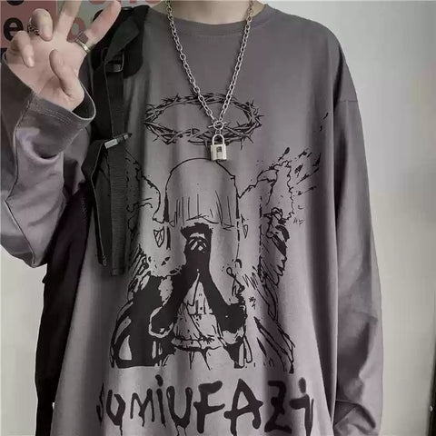 Camiseta gráfica negra de manga larga para hombre
