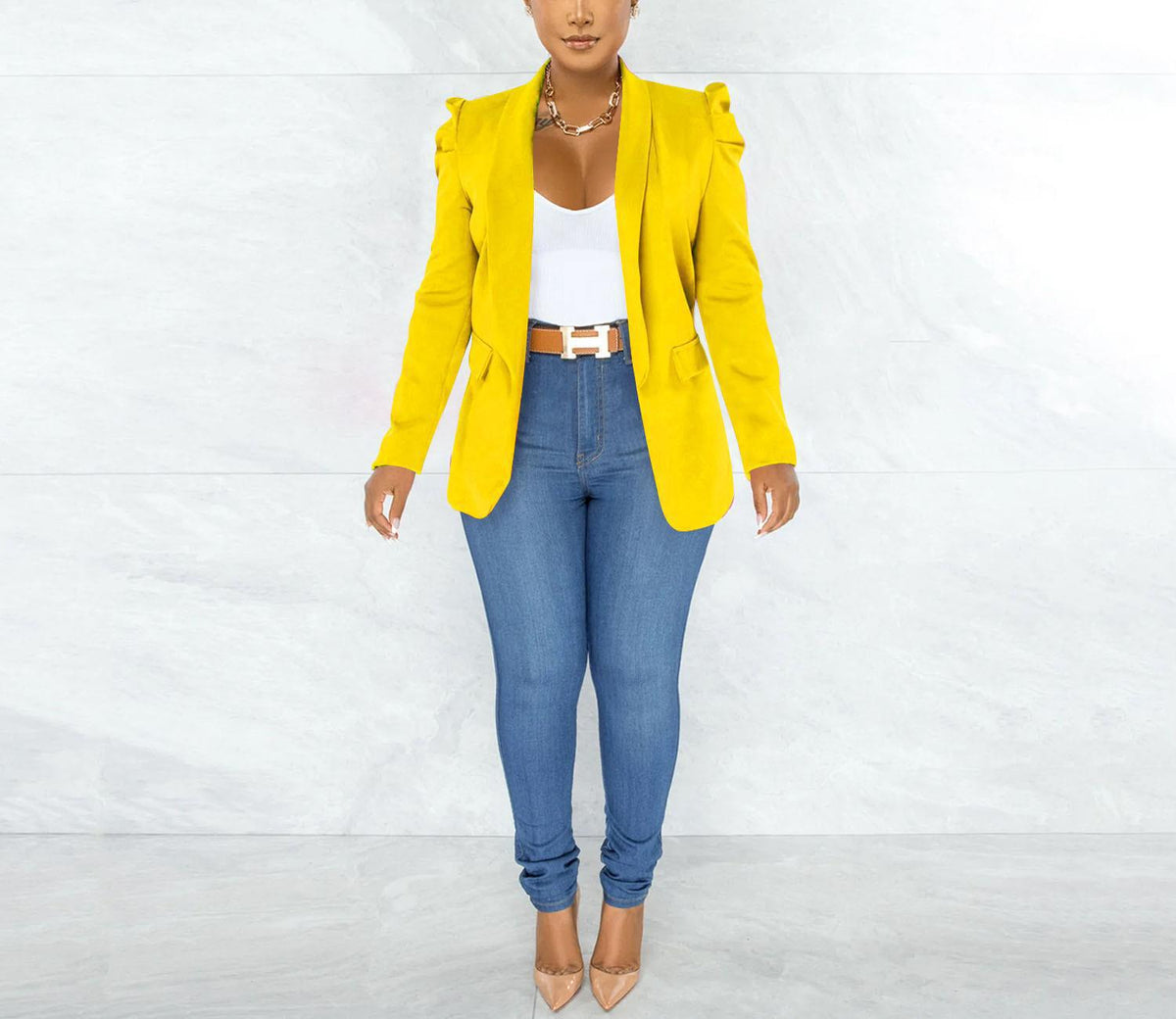 Puff Sleeve Solid Blazer Jacket - Yellow