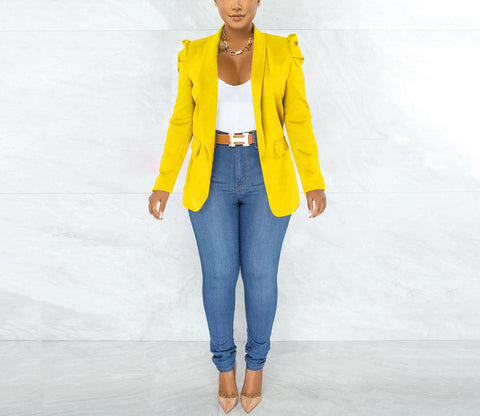 Puff Sleeve Solid Blazer Jacket - Yellow