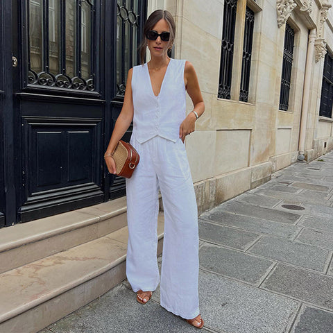 Cotton and Linen Sleeveless Vest Trousers Casual Suit