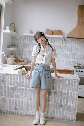 Embroidered Button Pocket Shorts