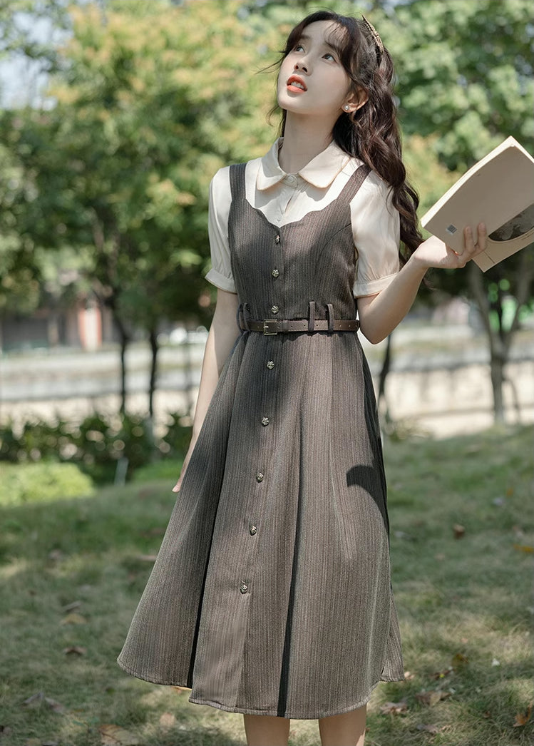 Vestido camisola festoneado con botones y raya diplomática