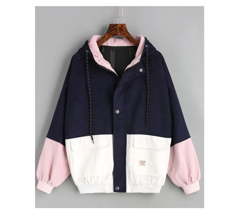 Long Sleeve Cute Colors Combination Hooded Corduroy Jacket
