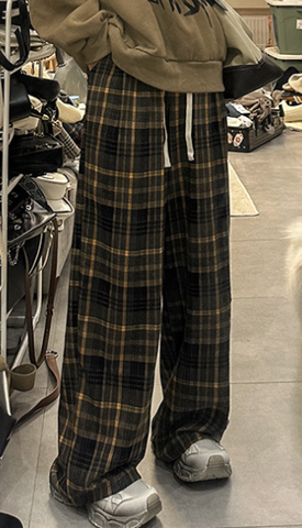 High Waist Loose Thick Fleece Plaid Pants