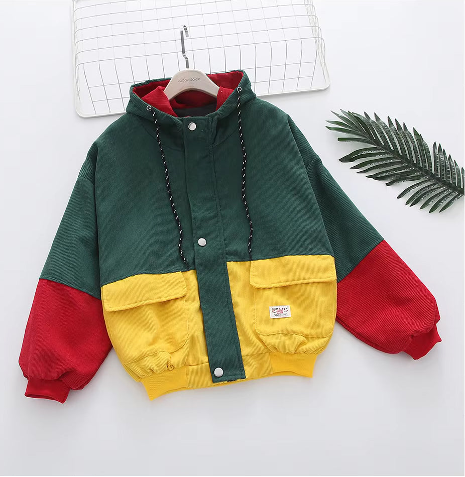 Long Sleeve Cute Colors Combination Hooded Corduroy Jacket