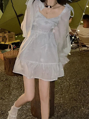 Voguable Winter Korean Long Sleeve Casual Lolita Dresses FeVintage Y2K Beige Mini Dress Kawaii Blue One Piece Dress