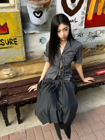 Vintage Coquette Blouses Korean Style Punk Streetwear Striped Print Bandage Hollow Out Slim Shirts Y2k