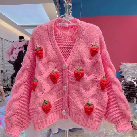 Winter Strawberry Knitting Cardigan Y2K Loose Long Sleeve Thicken Warm Sweater Korean Chic Preppy Sweater