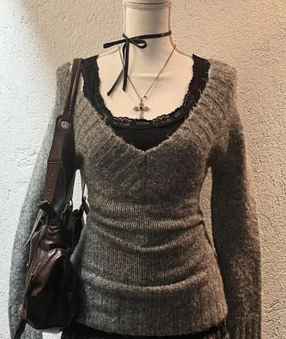 Vintage V-neck Knitted Tops Early Sweaters Mujer Y2k Grunge Slim Fit Long Sleeve Pullovers