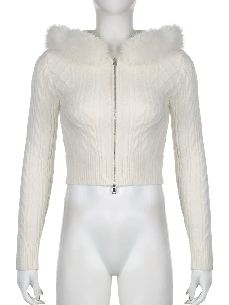 Voguable Furry Hooded Sweaters Coat Winter Casual Hoodie Y2K Zipper Cropped Sweater Jacket Korean FeKnitwear