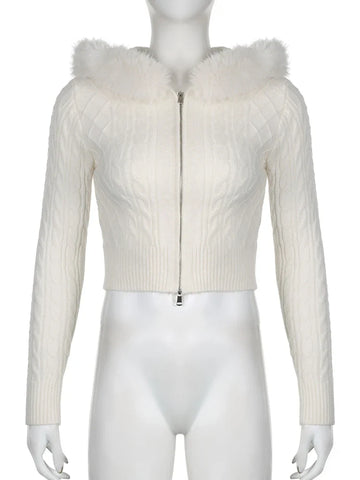 Voguable Furry Hooded Sweaters Coat Winter Casual Hoodie Y2K Zipper Cropped Sweater Jacket Korean FeKnitwear