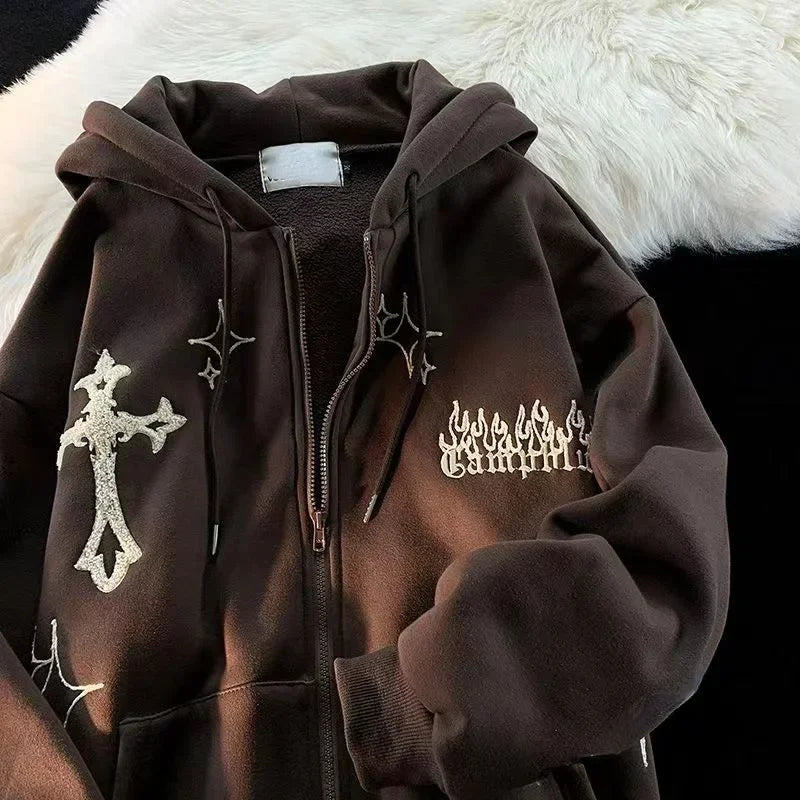 Y2K Letter Embroidered Hoodie Winter Vintage Zip Up Oversized Sweatshirt Harajuku Long Sleeve Hooded Jacket Clothes