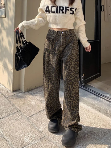 Voguable Vintage Leopard Print Pantalon Femme Wide Leg Pants High Waist Straight Y2k Jeans Casual Korean  Jean Trousers