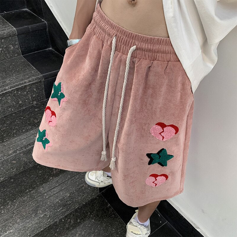 American High Street Y2k Versatile Shorts Ins Red Heart Print Loose Straight Joggers Short Pants Streetwear