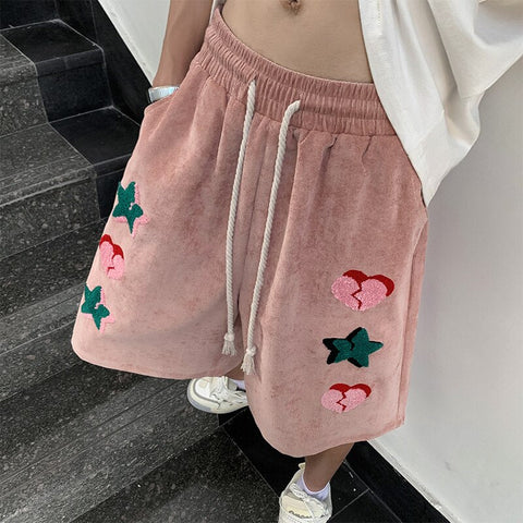 American High Street Y2k Versatile Shorts Ins Red Heart Print Loose Straight Joggers Short Pants Streetwear