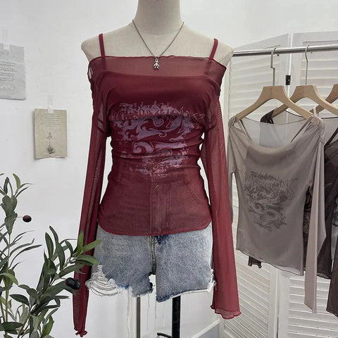 Slash Neck Mesh Sunscreen T Shirt Y2K Streetwear Print Long Sleeve Patchwork Camis Suit Folds Slim All Match Tees