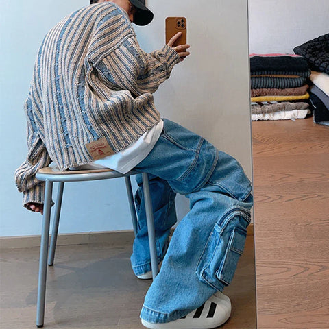 Voguable  Fashionable Striped Knitting Sweaters Streetwear Y2K Loose O Neck Long Sleeve Knit T-shirts Vintage Sweater Tops