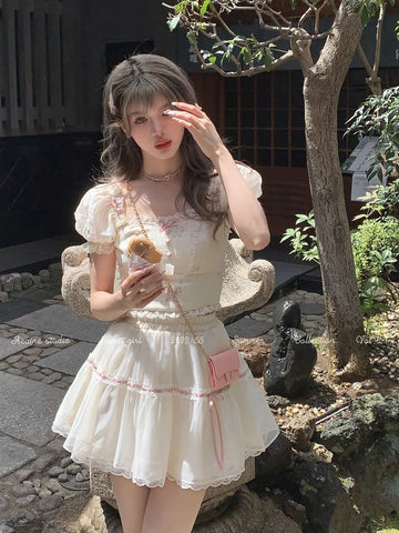 Voguable Sweet Square Neck 2 Piece Dress Set Short Sleeve Y2k Crop Tops + Casual Mini Skirt Korean FeSuit