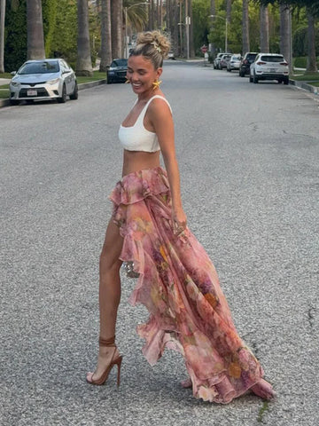 Voguable Vacation Floral Printed Ruffle Half Bodycon Skirt Low Waist Y2K Aesthetics Lace Skirt Harajuku Grunge Fairycore Clothes