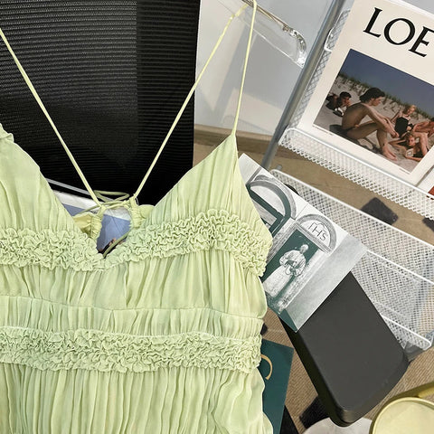 Voguable Backless V-neck Y2K Draped Suspender Dresses Beach Style Hotsweet Slim Fit Chiffon Party Club Dress