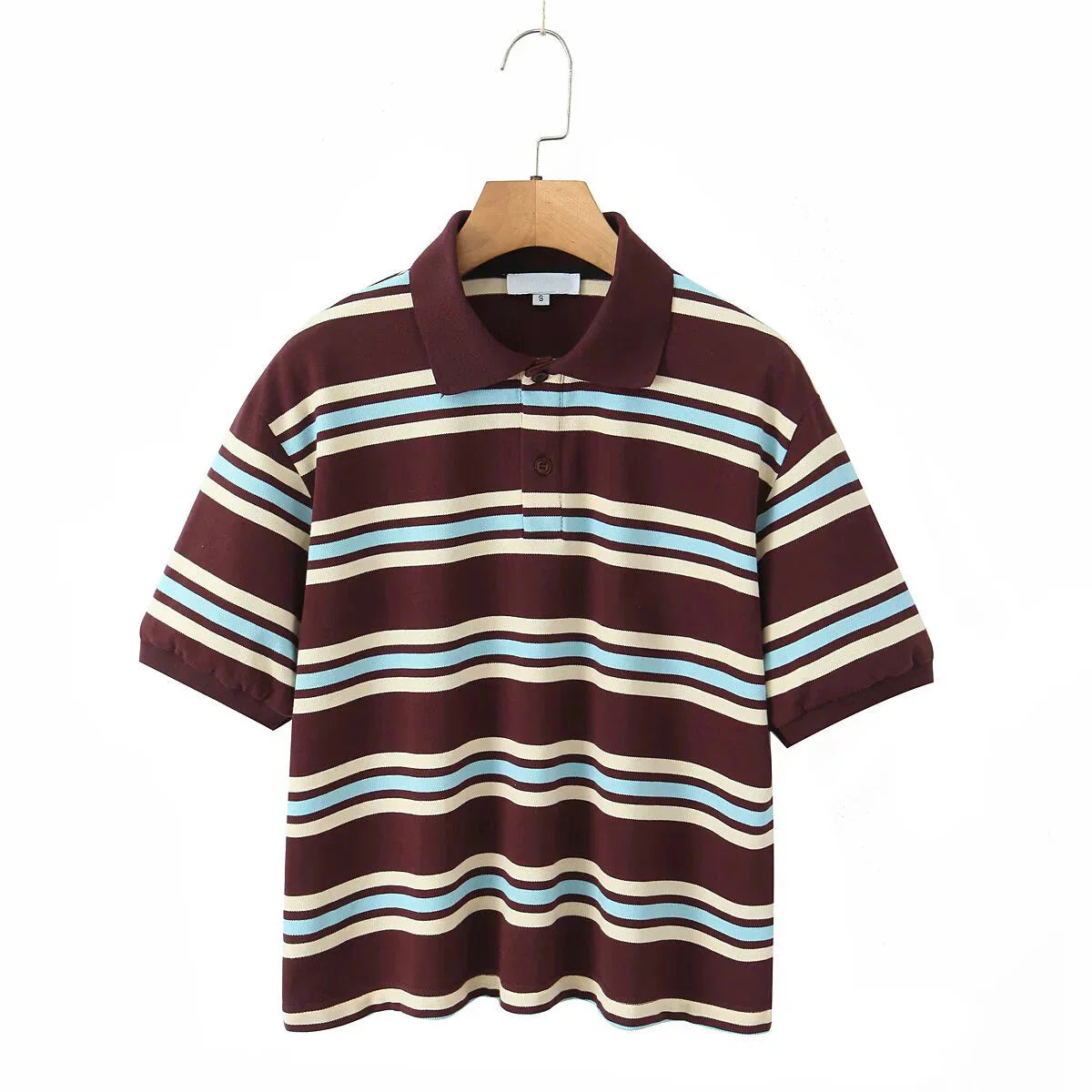American Retro Contrasting Striped T Shirt Polo Collar Short Sleeve Preppy Vintage Tees Y2K Tops