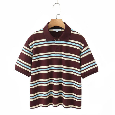 American Retro Contrasting Striped T Shirt Polo Collar Short Sleeve Preppy Vintage Tees Y2K Tops