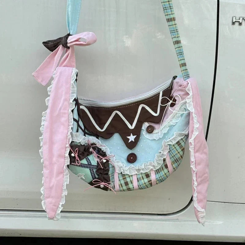 Harajuku Y2k Aesthetic Ins Underarm Bag Contrast Color Plaid Rabbit Ear Canvas Bag Grunge Patchwork Lace Shoulder Handbags
